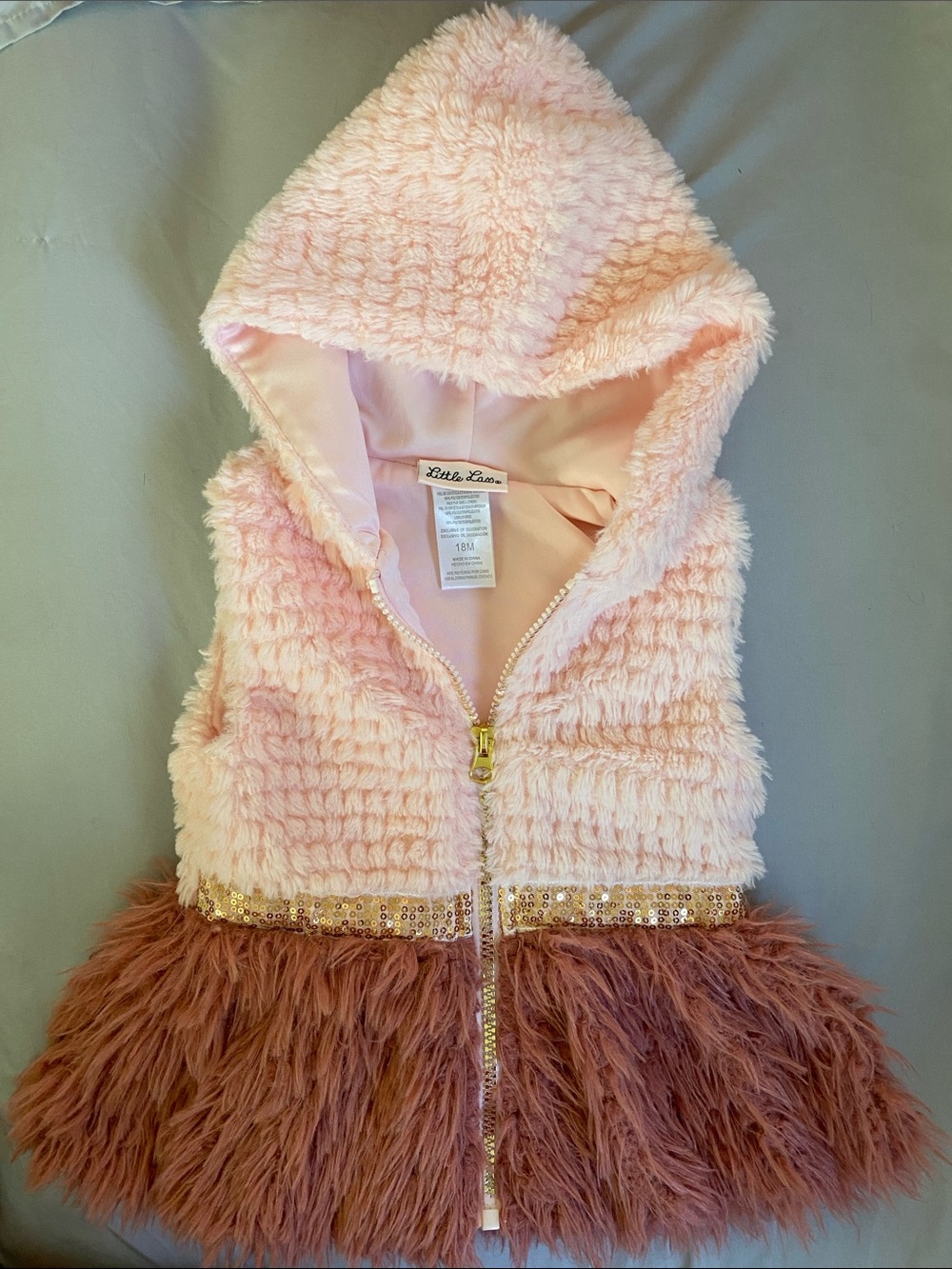 Little Lass Soft Pink Hooded Faux-Fur Vest with Rose-Brown Skirt+ Gold Accents